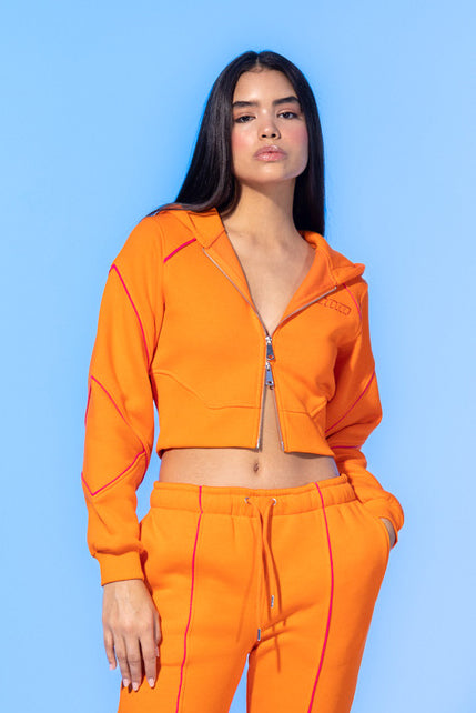 Vivid Flame Orange Zip-Up Cropped Hoodie