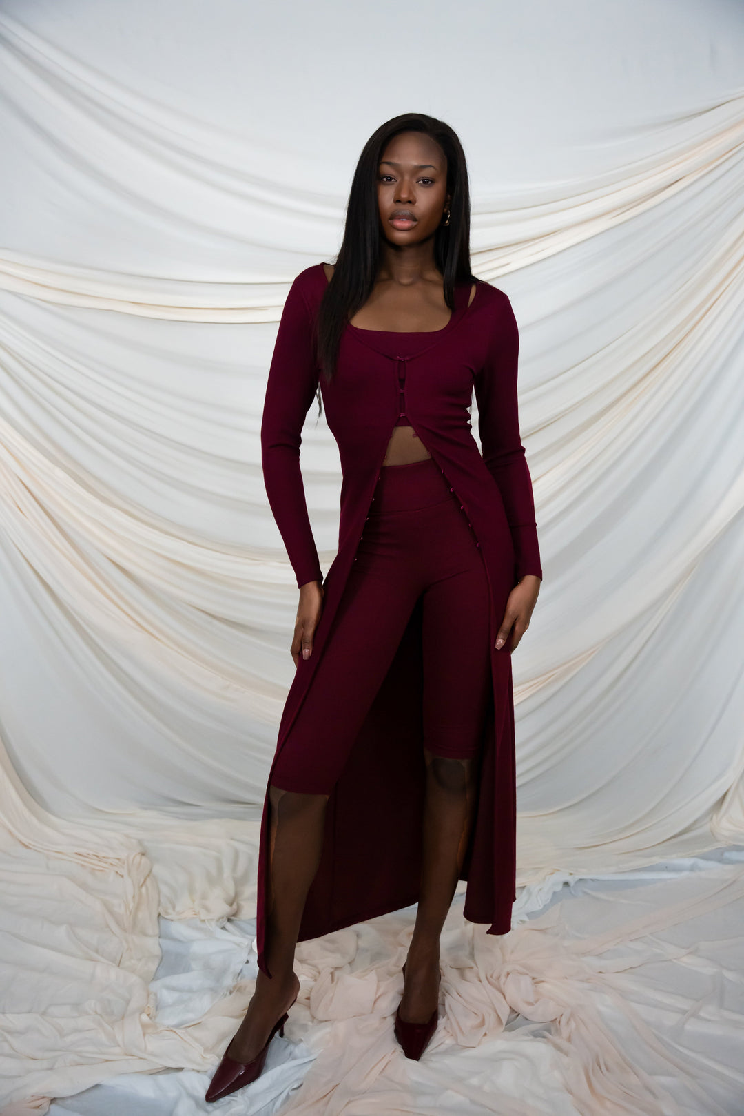 Burgundy Long Vest and Croptop