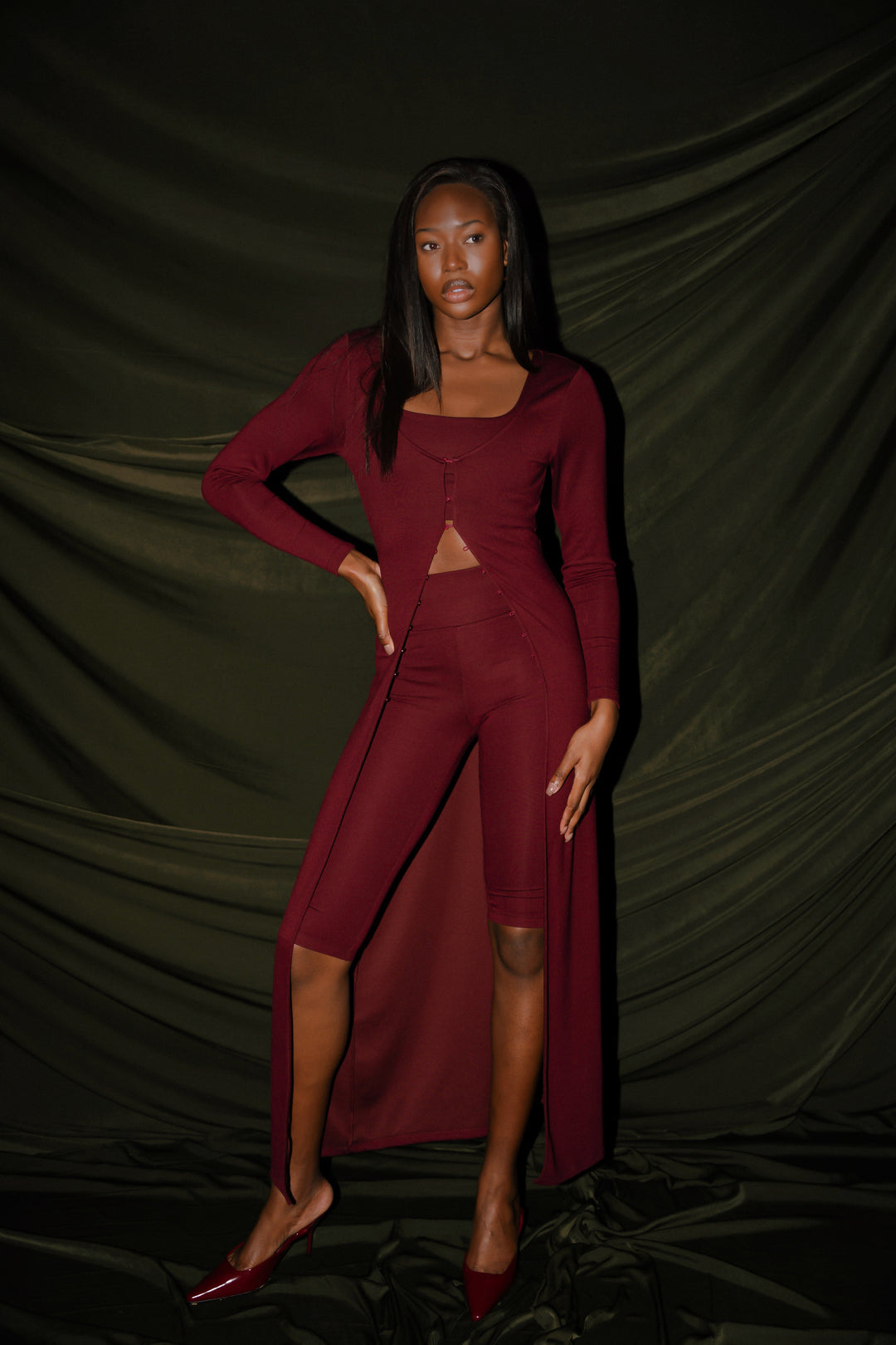 Burgundy Long Vest and Croptop