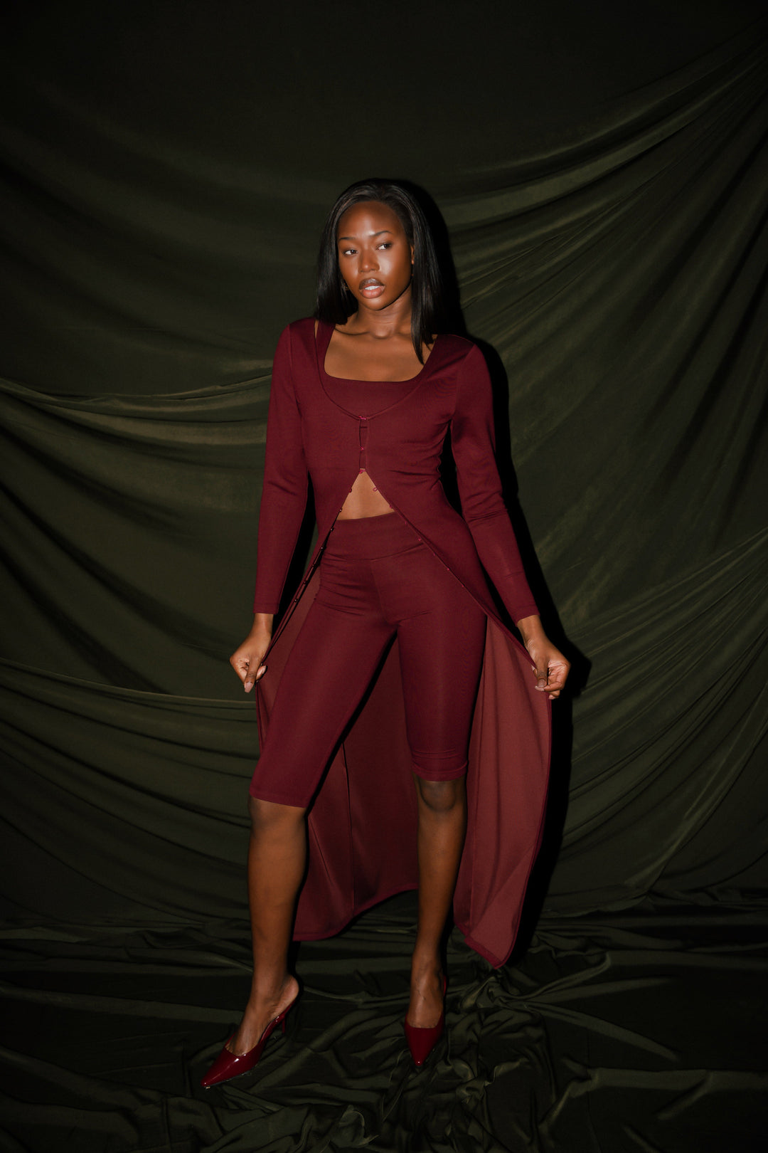 Burgundy Long Vest and Croptop